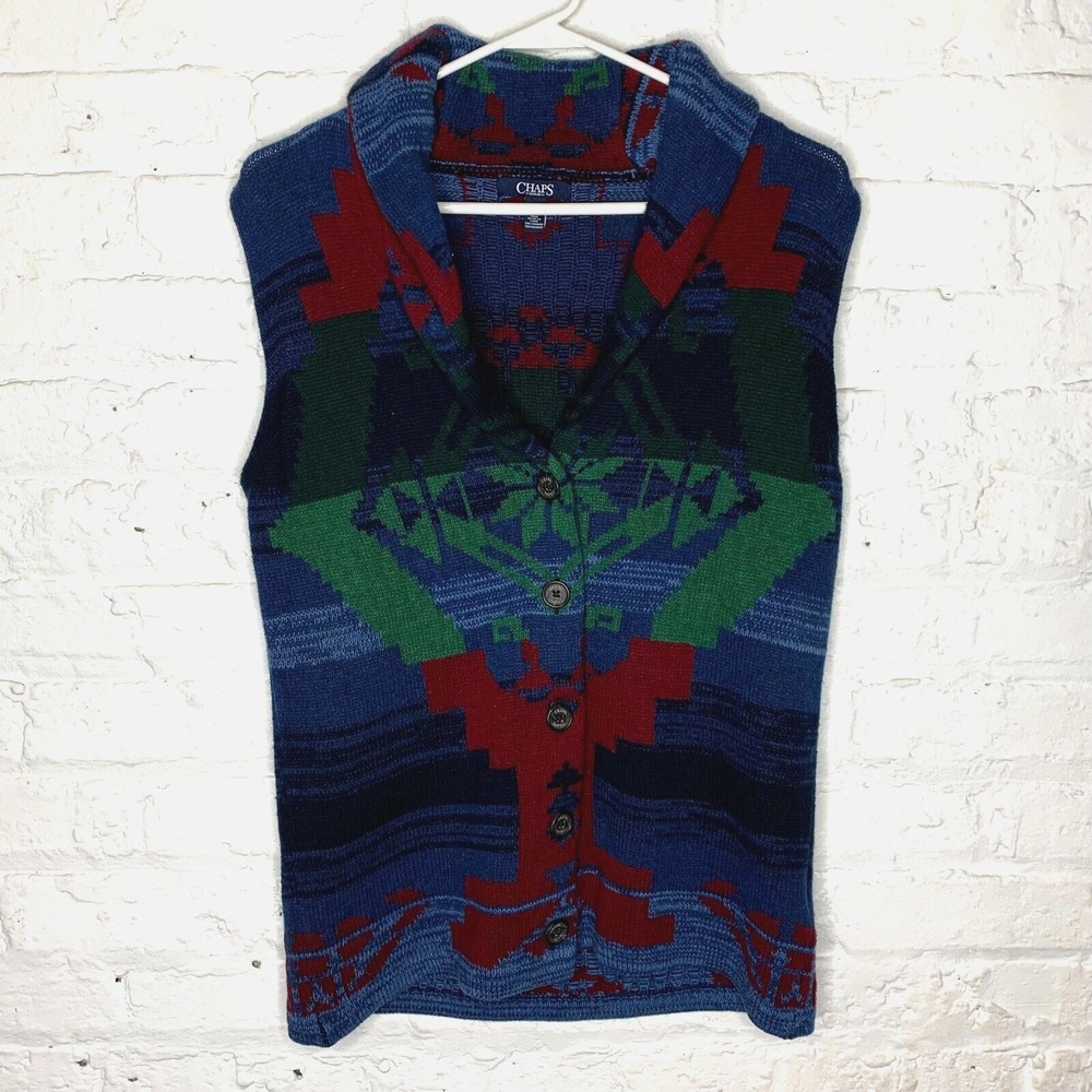 Chaps Ralph Lauren Womens Medium Aztec Southwestern Shawl Knit Sweater Vest‎